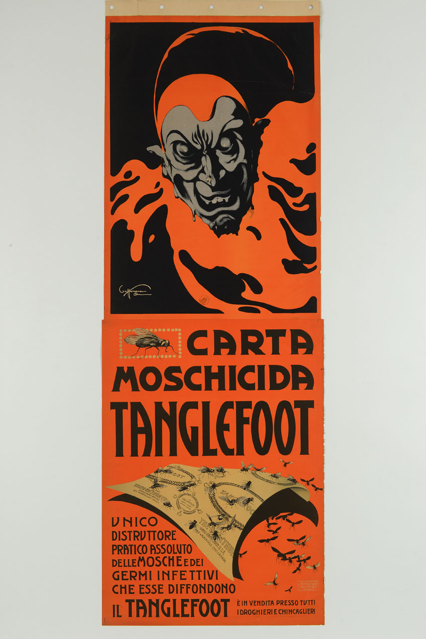 Carta moschicida Tanglefoot figura demoniaca con mosche e carta mo