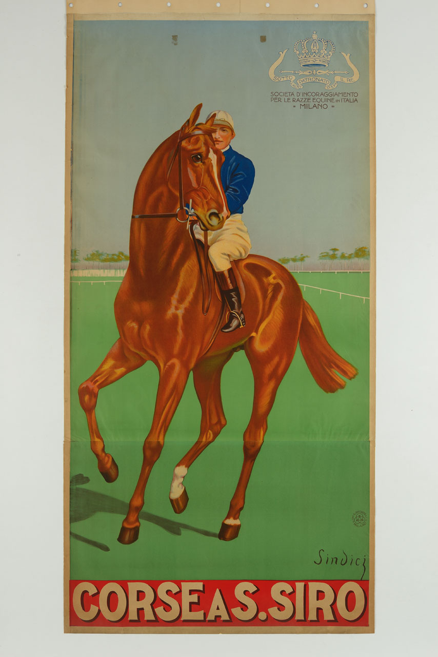 fantino a cavallo in un ippodromo (manifesto, stampa composita) di Sindici - ambito italiano (sec. XX)