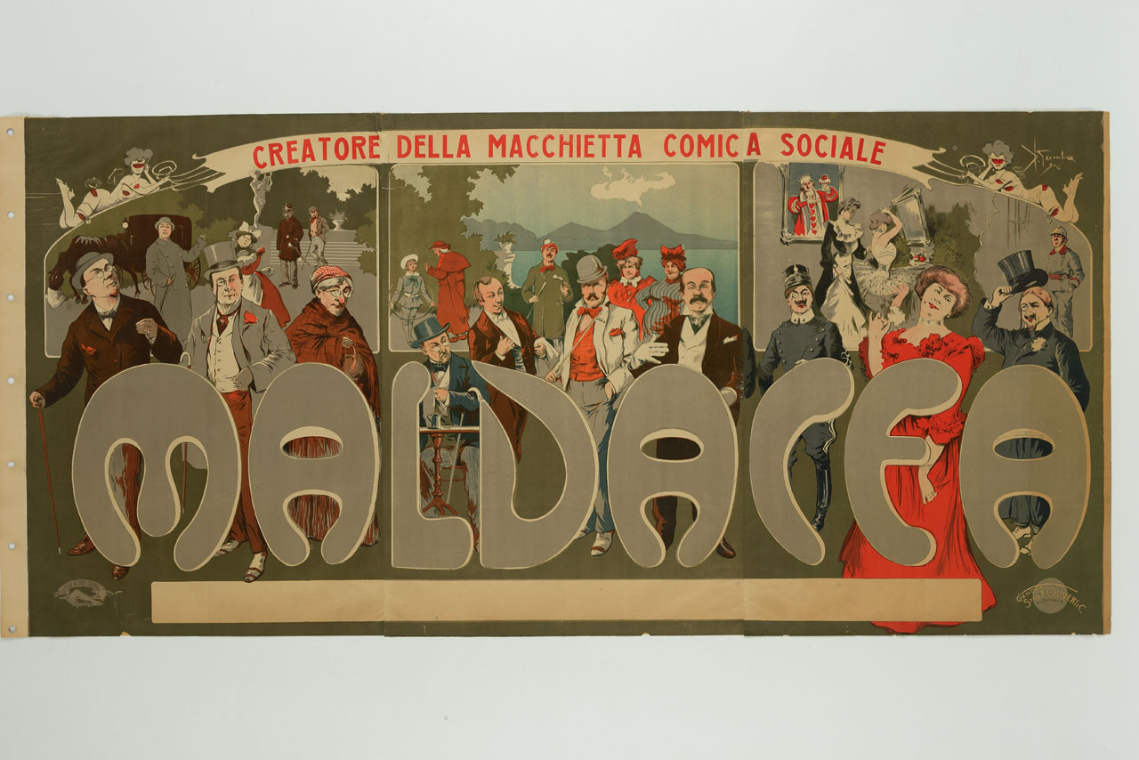 varie figure in scene all'aperto e in un interno (manifesto, stampa composita) di Garuti Giuseppe detto Pipein Gamba (sec. XX)