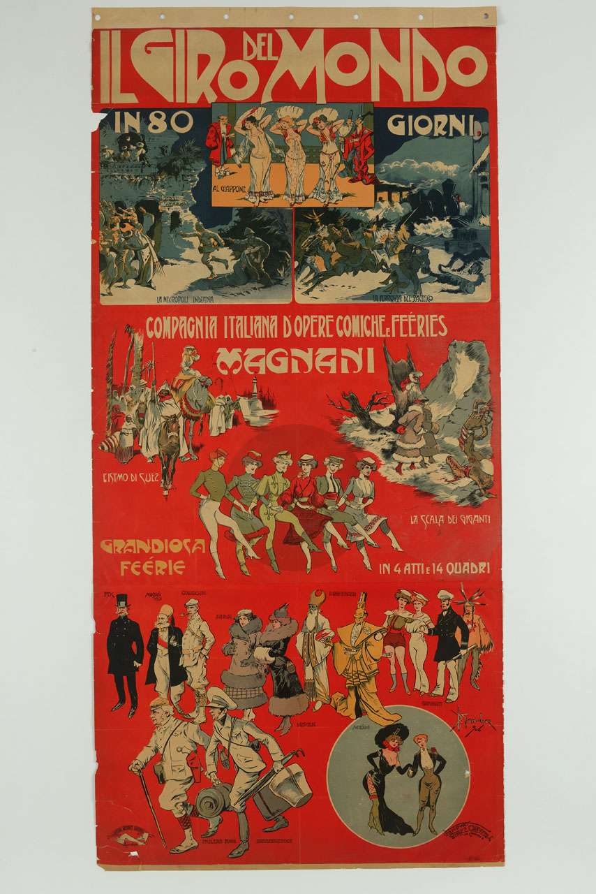 personaggi vari in scenette legate al Giro del mondo in 80 giorni (manifesto, stampa composita) di Garuti Giuseppe detto Pipein Gamba (sec. XX)