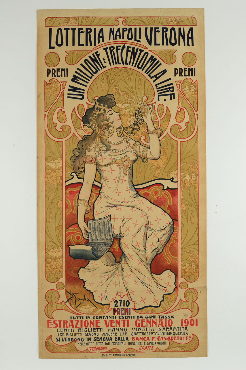 donna ingioiellata seduta su un sofà rimira una pietra preziosa (manifesto, stampa composita) di Garuti Giuseppe detto Pipein Gamba (sec. XX)