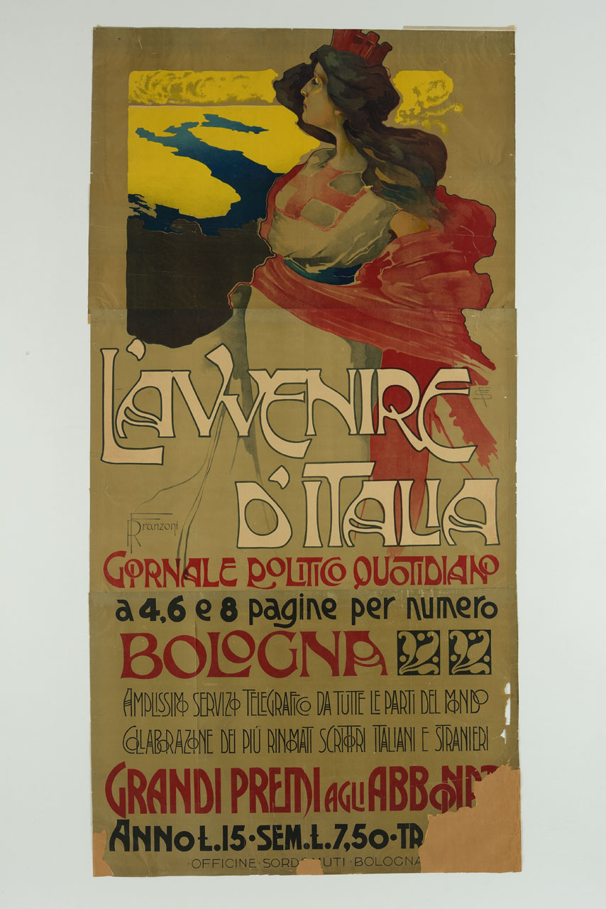 personificazione dell'Italia guarda dall'alto alla penisola italiana (manifesto, stampa composita) di Franzoni Roberto (sec. XX)