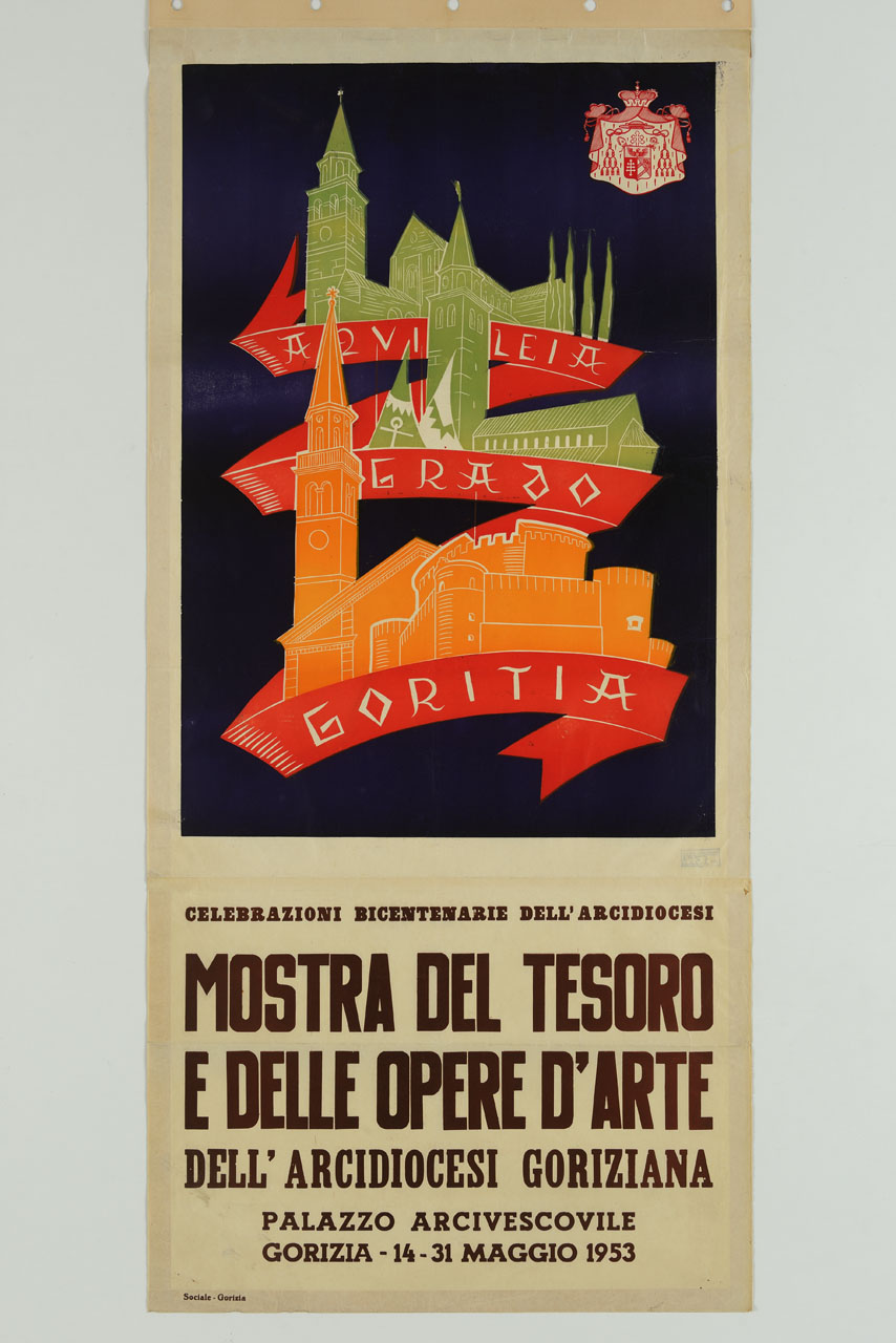 edifici stilizzati di Aquleia, Grado e Gorizia con cartiglio (manifesto, stampa composita) - ambito italiano (sec. XX)