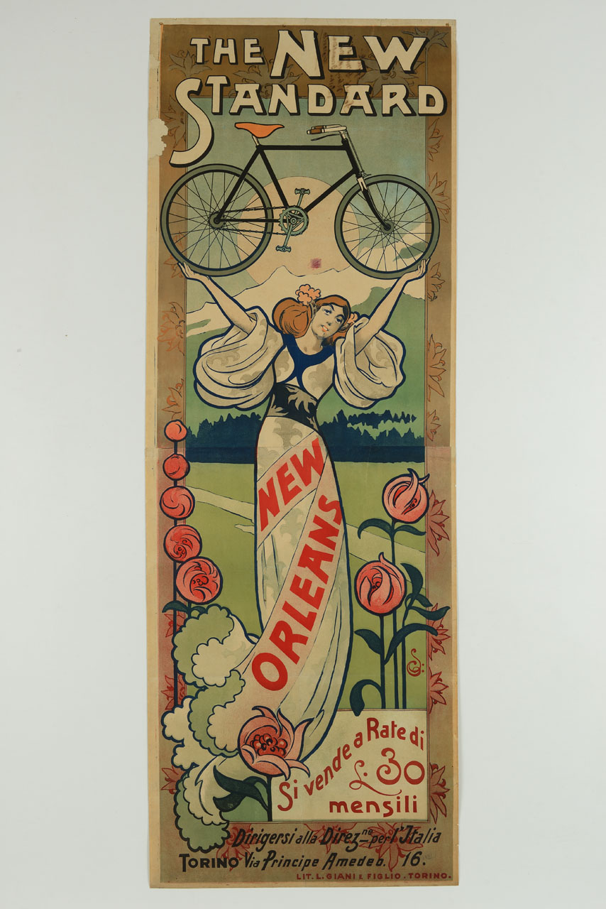 figura femminile con bicicletta sulle braccia (manifesto, stampa composita) - ambito italiano (sec. XX)