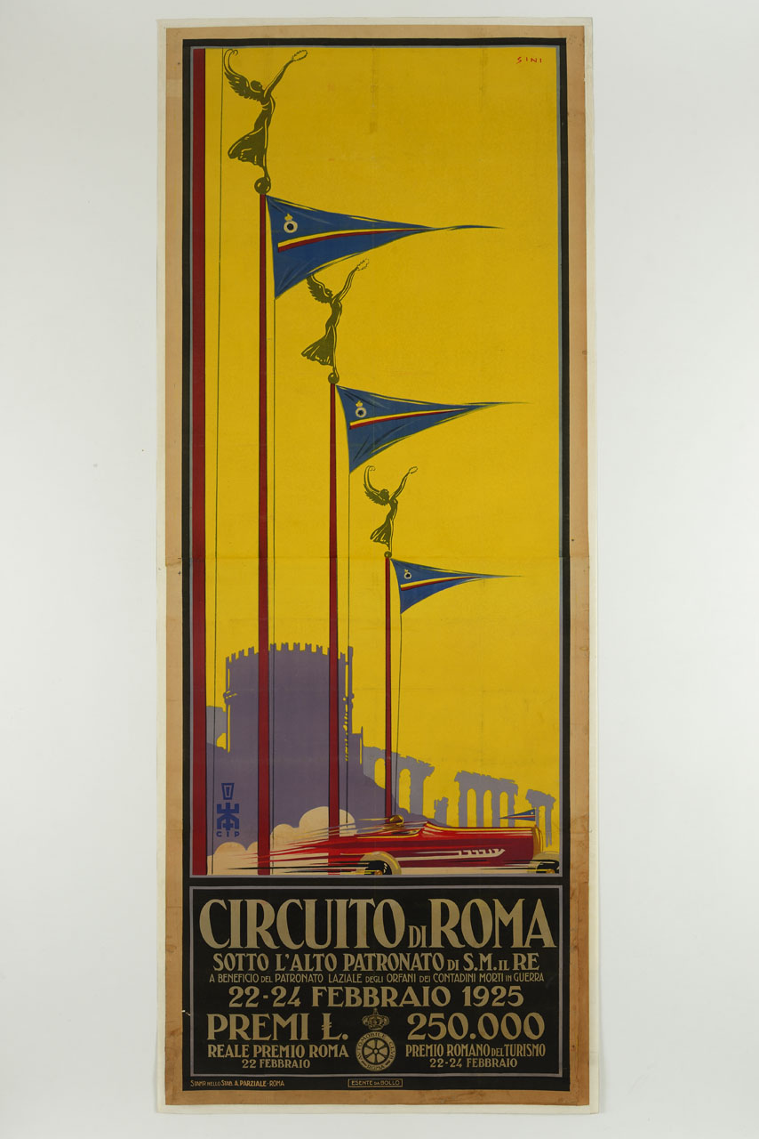 automobile da corsa tra aste e bandiere con acquedotto romano e tomba di Cecilia Metella (manifesto, stampa composita) di Sini Tarquinio (sec. XX)