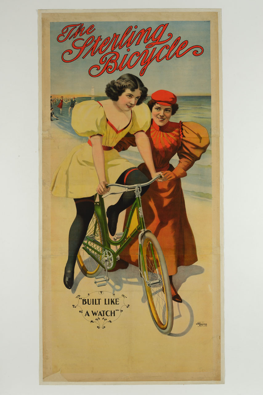 due donne con bicicletta in riva al mare (manifesto, stampa composita) - ambito America settentrionale (secc. XIX-XX)