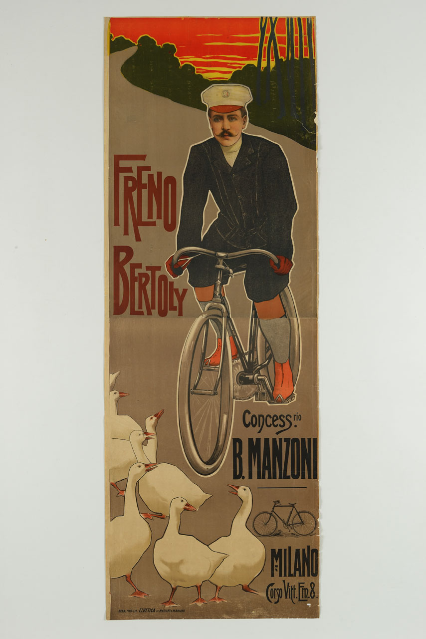 uomo in bicicletta e oche sulla strada (manifesto, stampa composita) - ambito italiano (secc. XIX-XX)