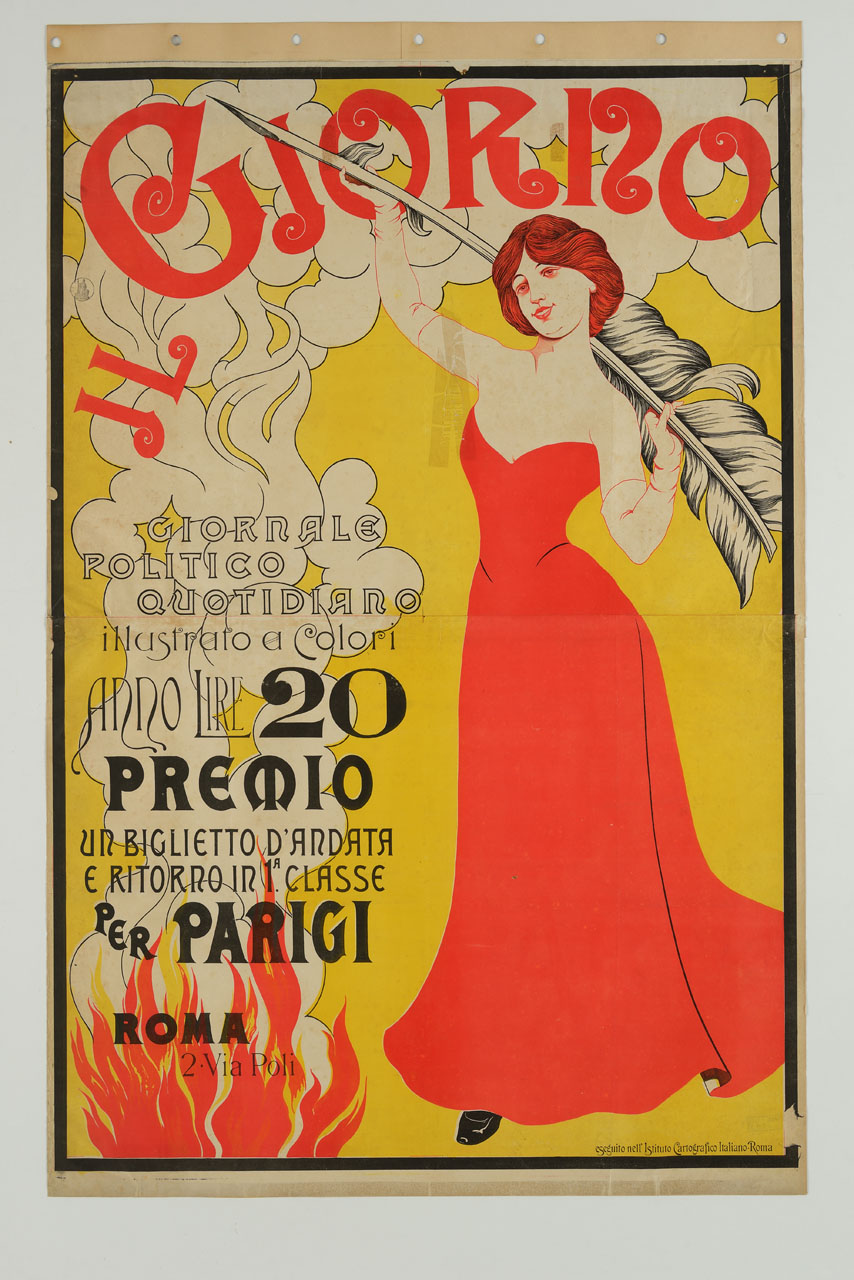 donna con grande penna d'oca e fuoco con fumo (manifesto, stampa composita) - ambito italiano (sec. XX)