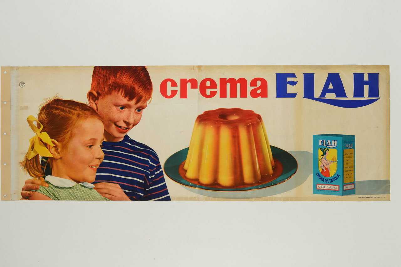 bambino e bambina guardano un budino di crema da tavola (manifesto, stampa composita) - ambito italiano (sec. XX)