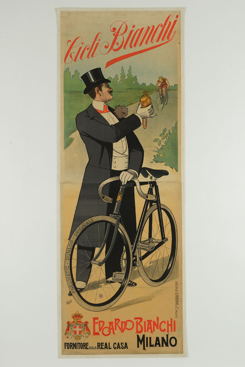 gentiluomo con bicicletta e cronometro aspetta un ciclista (manifesto, stampa composita) di Vecchi F (secc. XIX-XX)