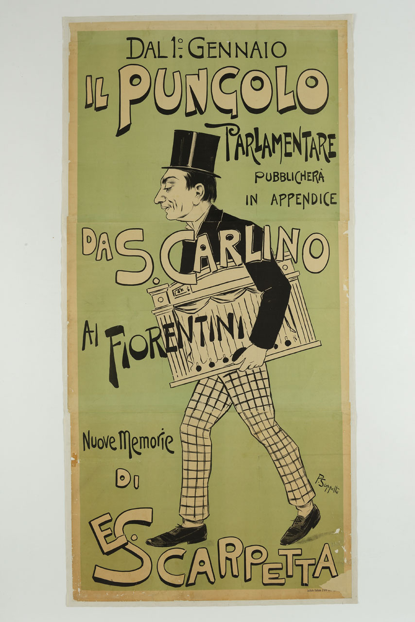 Eduardo Scarpetta con modellino di teatro sotto al braccio (manifesto, stampa composita) di Scoppetta Pietro (secc. XIX-XX)