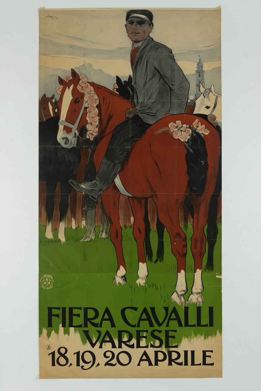 fantino su cavallo ornato di fiori (manifesto, stampa composita) di Metlicovitz Leopoldo (sec. XX)