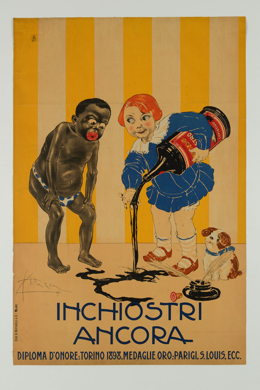 bambina versa inchiostro da una bottiglia davanti a un bambino di colore (manifesto) di Mazza Aldo (sec. XX)