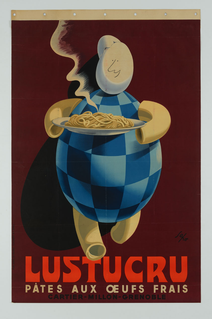 omino con testa di uovo e braccia di maccheroni reca un piatto di spaghetti (manifesto) di Pozzati Severo detto Sepo (sec. XX)