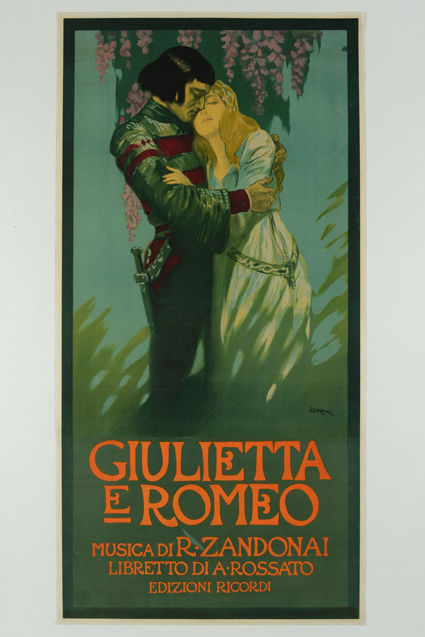 coppia di innamorati abbracciati e fiori di glicine (manifesto, stampa composita) di Metlicovitz Leopoldo (sec. XX)