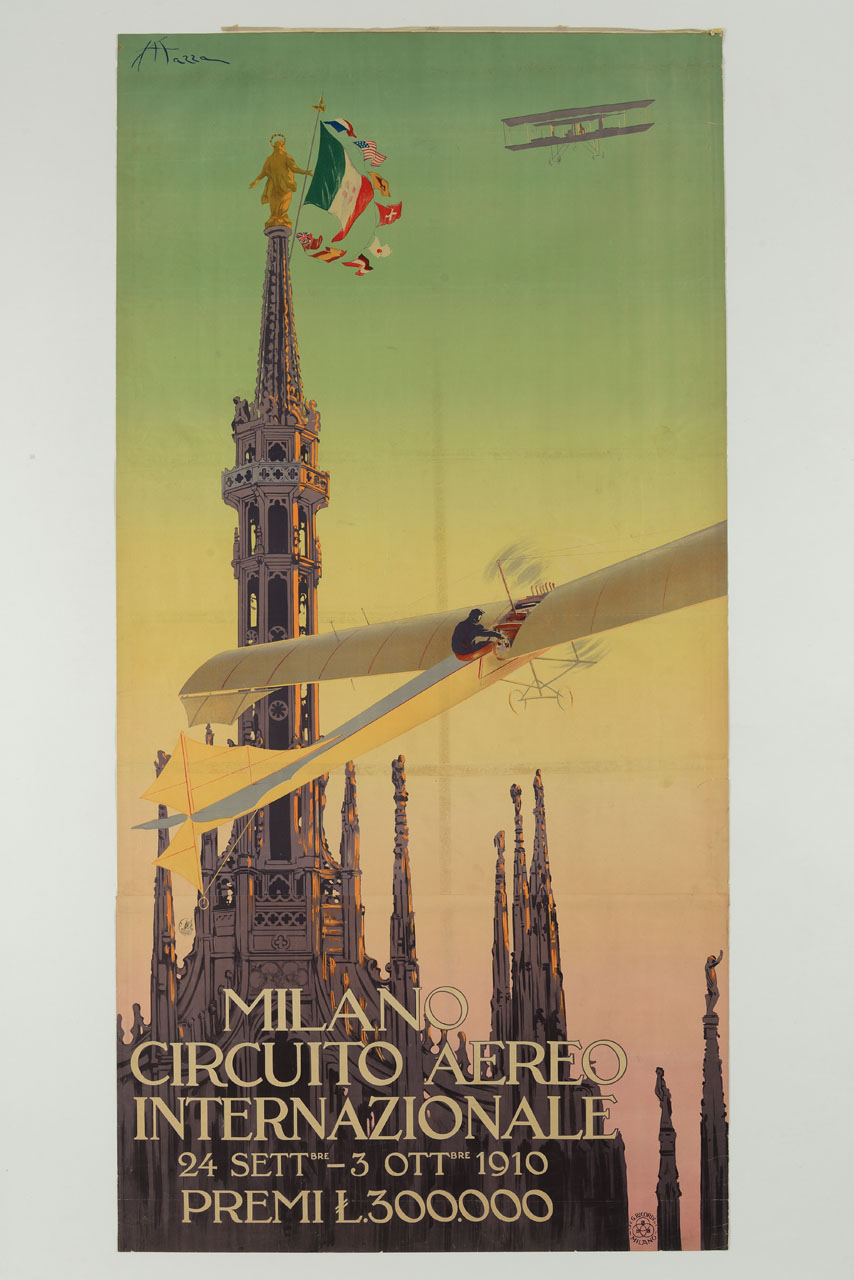 due velivoli sul Duomo di Milano decorato con bandiere mondiali sulla Madonnina (manifesto, stampa composita) di Mazza Aldo (sec. XX)