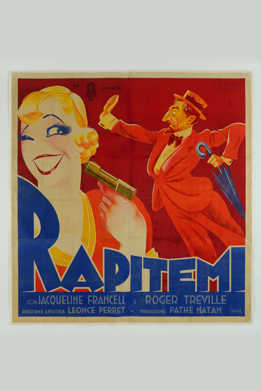 caricature di Jacqueline Francell con pistola e di Roger Tréville con ombrello (manifesto, stampa composita) di Barbara Mameli (sec. XX)
