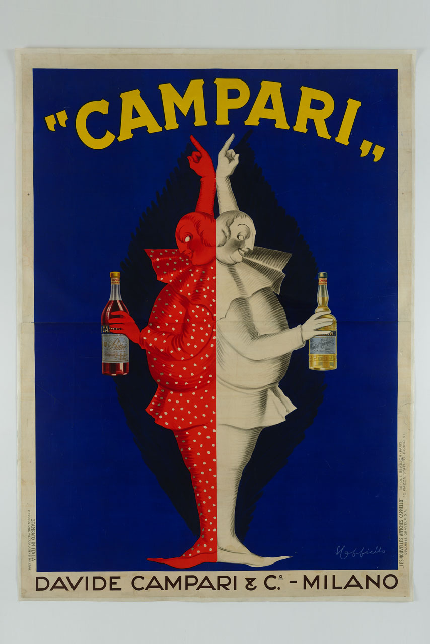 due figure bianca e rossa appoggiate di schiena con bottiglie in mano (manifesto, stampa composita) di Cappiello Leonetto (sec. XX)