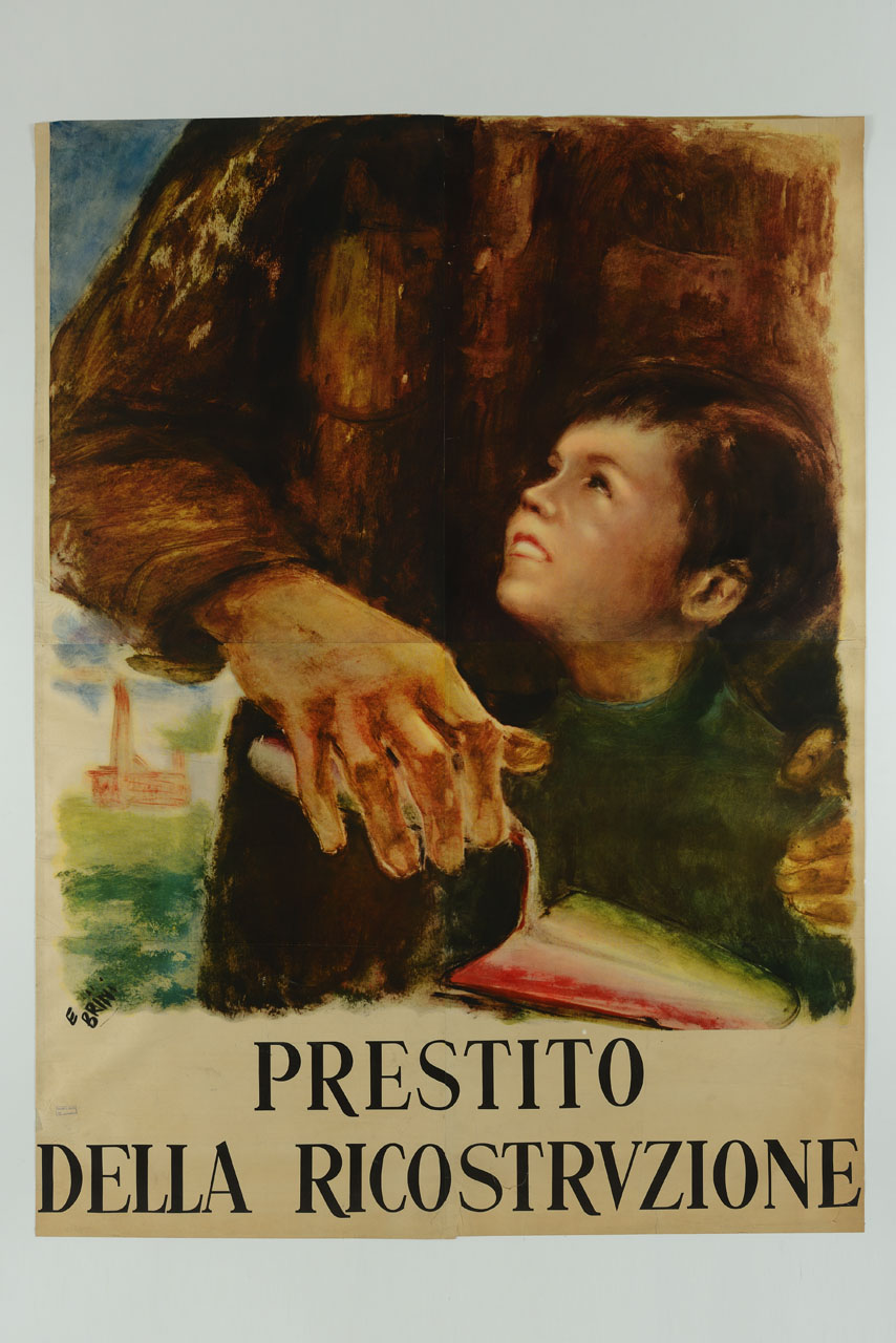 bambino e adulto con cazzuola tricolore (manifesto, stampa composita) di Brini Ercole (sec. XX)