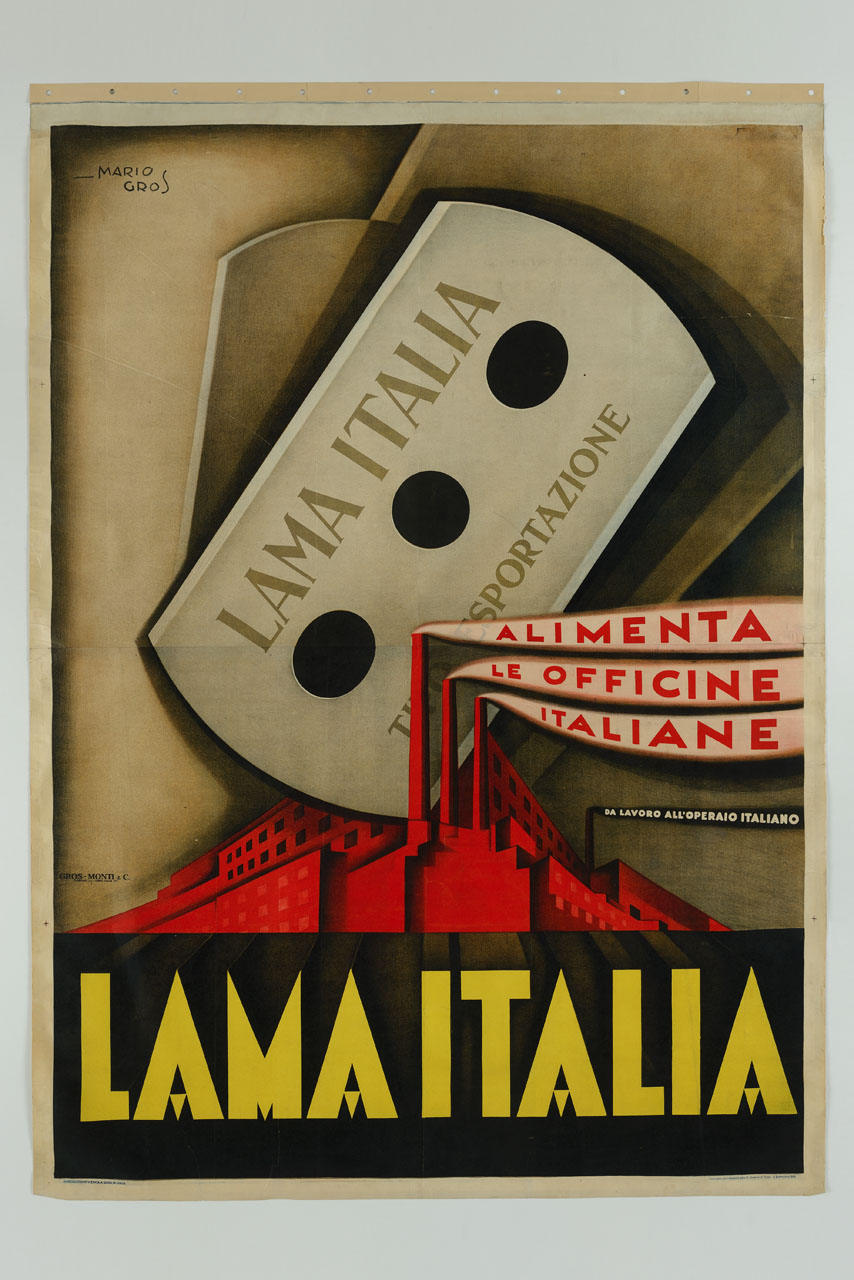 grande lametta su gruppo di stabilimenti industriali (manifesto, stampa composita) di Gros Mario (sec. XX)