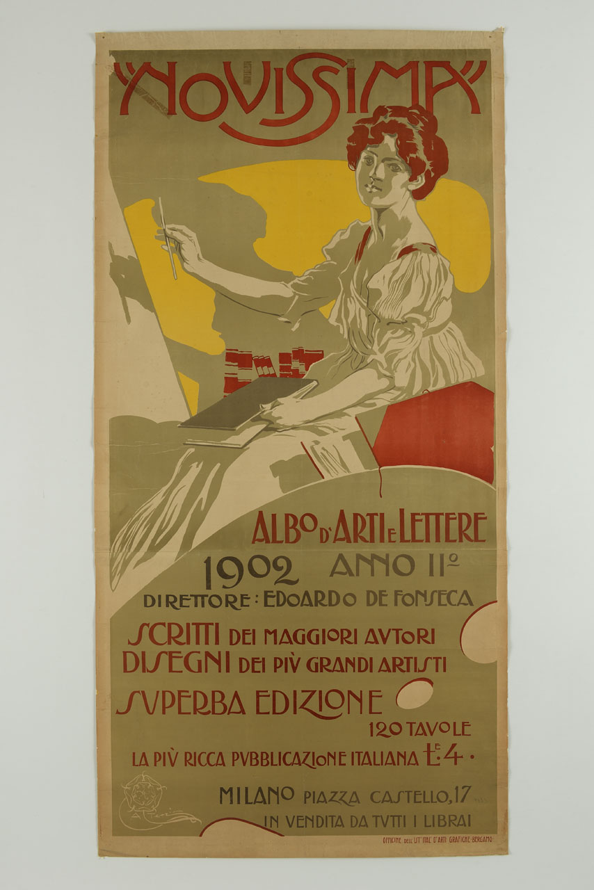 donna seduta con album da disegno e carhoncino in mano (manifesto, stampa composita) di Terzi Aleardo (sec. XX)