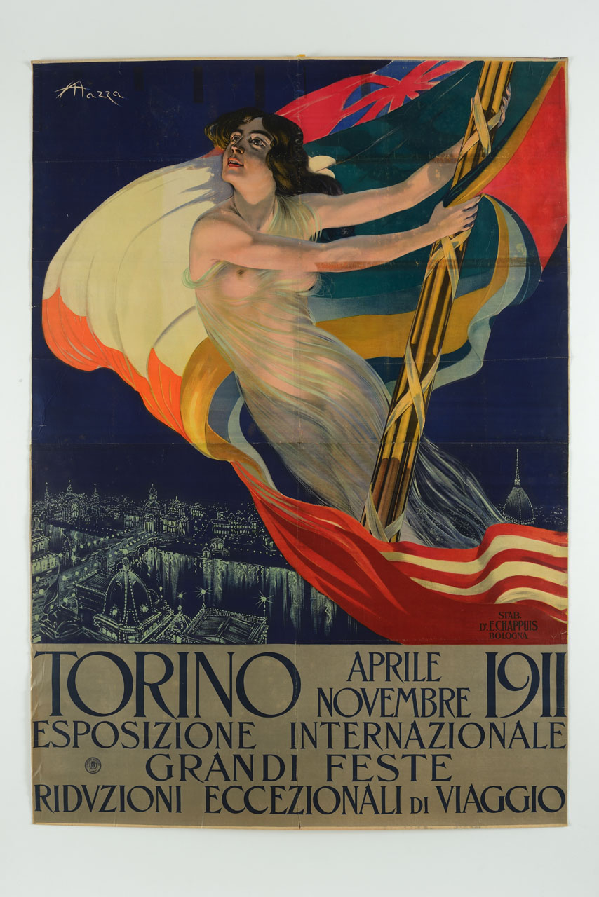 figura femminile con fascio di bandiere sorvola la città di Torino (manifesto, stampa composita) di Mazza Aldo (sec. XX)
