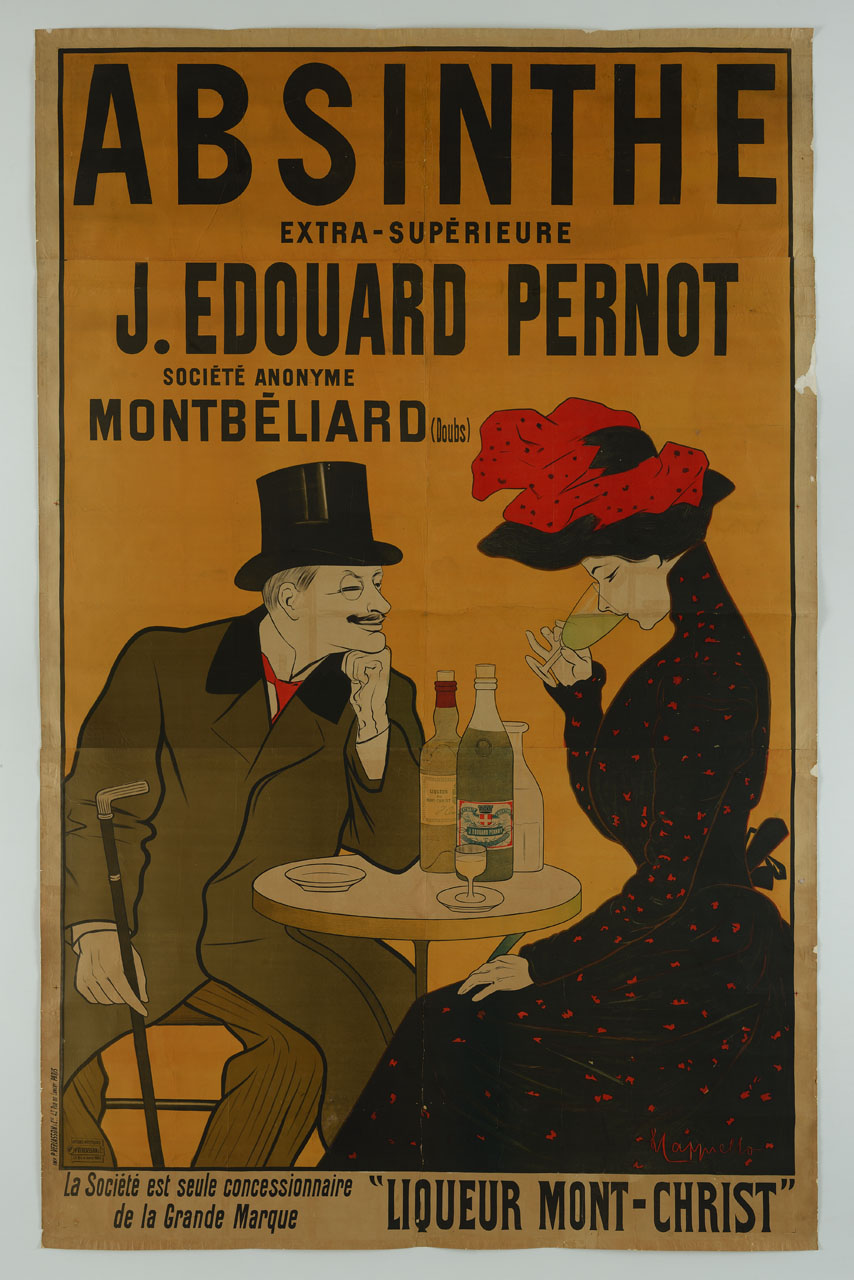 uomo e donna seduti a un tavolino con bottiglie e bicchieri (manifesto, stampa composita) di Cappiello Leonetto (sec. XX)