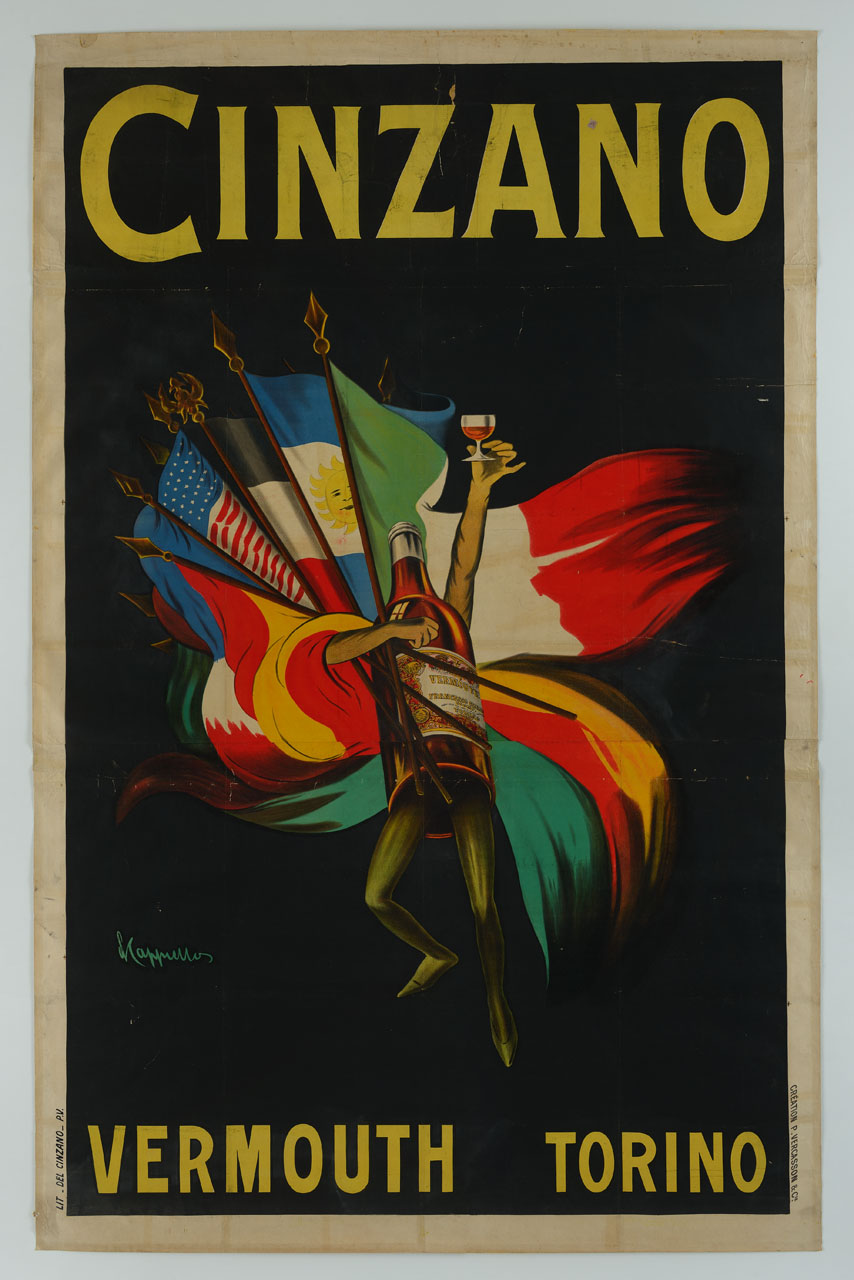 bottiglia antropomorfa con bandiere mondiali e bicchiere in mano (manifesto, stampa composita) di Cappiello Leonetto (sec. XX)