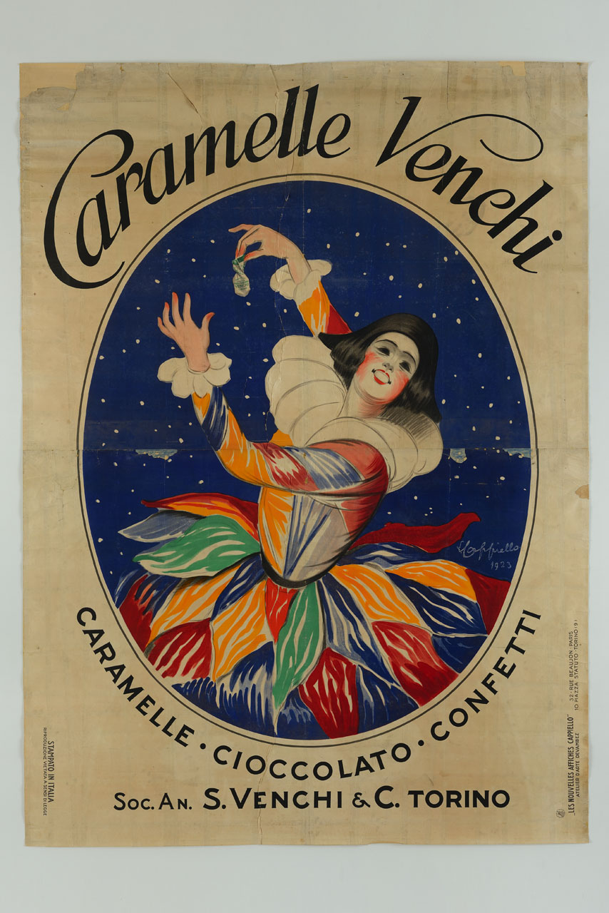 giovane donna in costume da Arlecchino mostra una caramella sorridendo (manifesto, stampa composita) di Cappiello Leonetto (sec. XX)