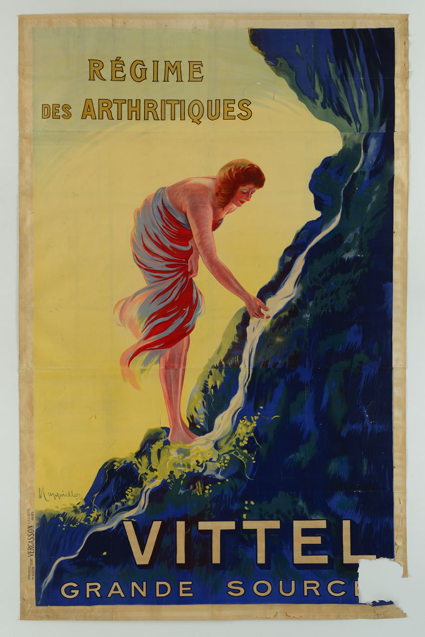 donna avvolta in un telo presso una sorgente rocciosa (manifesto, stampa composita) di Cappiello Leonetto (sec. XX)