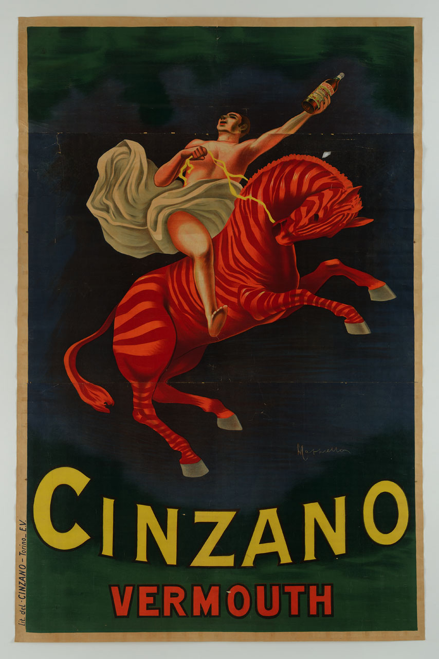 figura maschile con bottiglia in mano a cavallo di una zebra (manifesto, stampa composita) di Cappiello Leonetto (sec. XX)