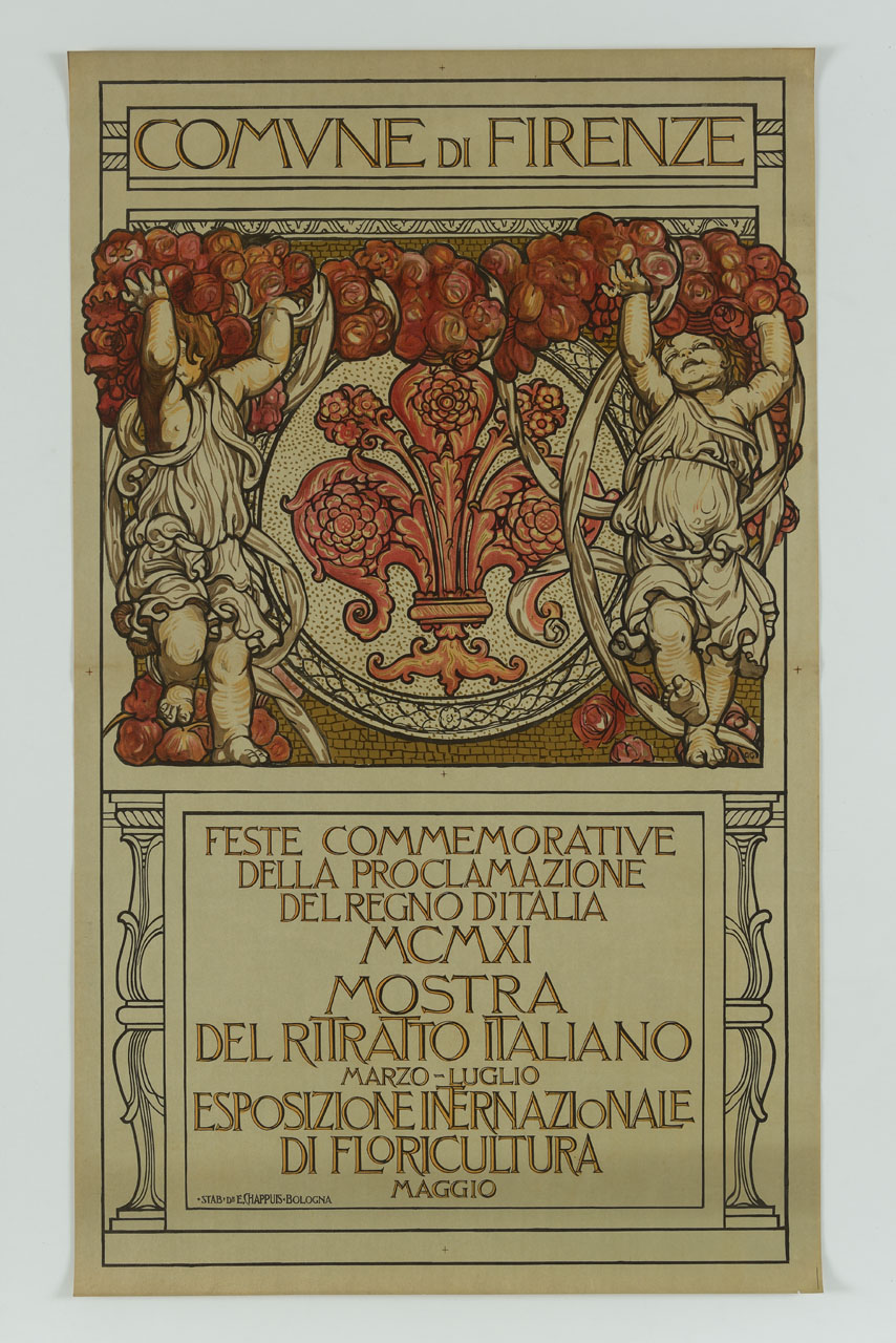 Feste commemorative/ della proclamazione/ del Regno d'Italia, motivo decorativo floreale con putti e medaglione centrale contenente il giglio fiorentino (manifesto) di Chini Galileo (sec. XX)