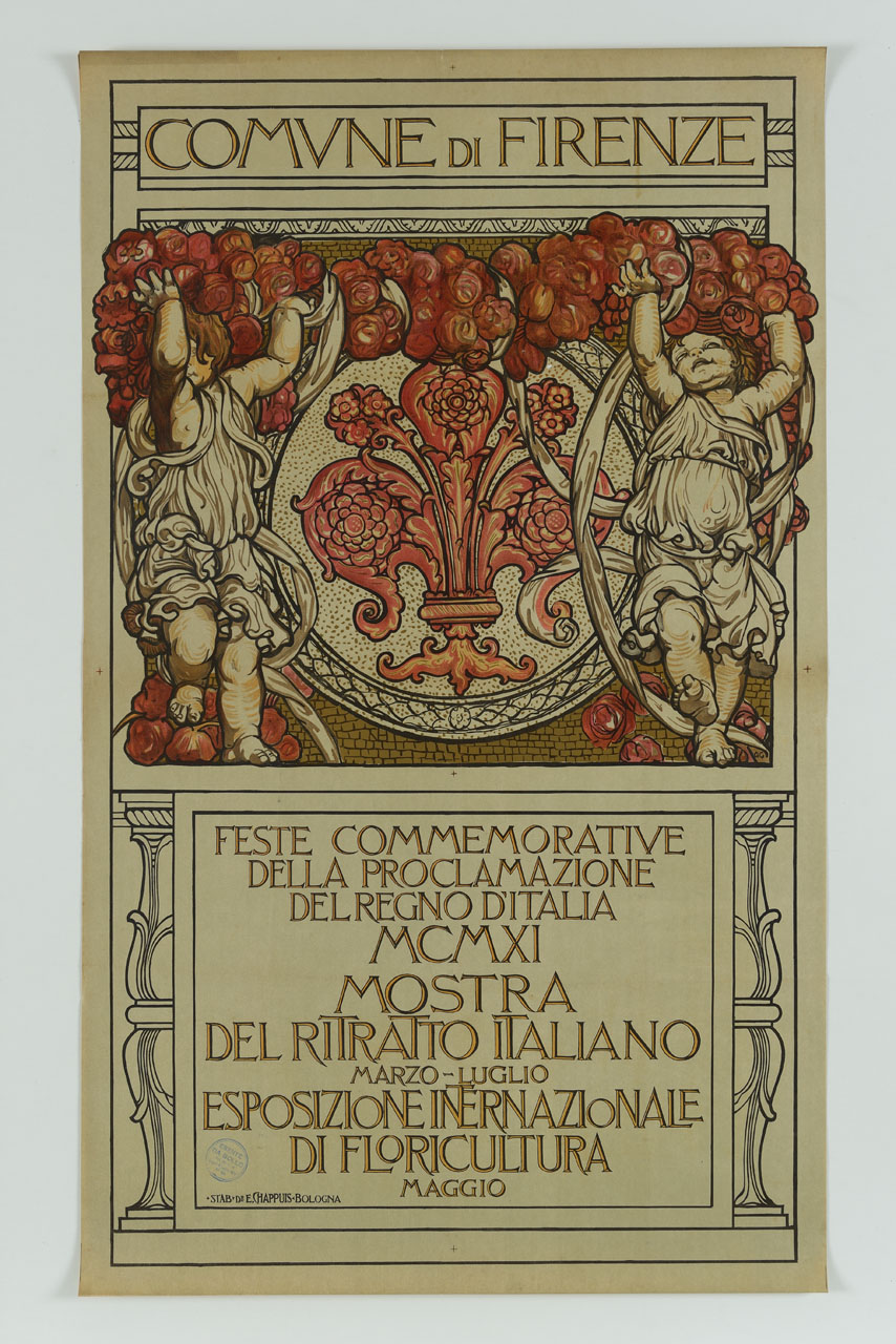 Feste commemorative/ della proclamazione/ del Regno d'Italia, motivo decorativo floreale con putti e medaglione centrale contenente il giglio fiorentino (manifesto) di Chini Galileo (sec. XX)