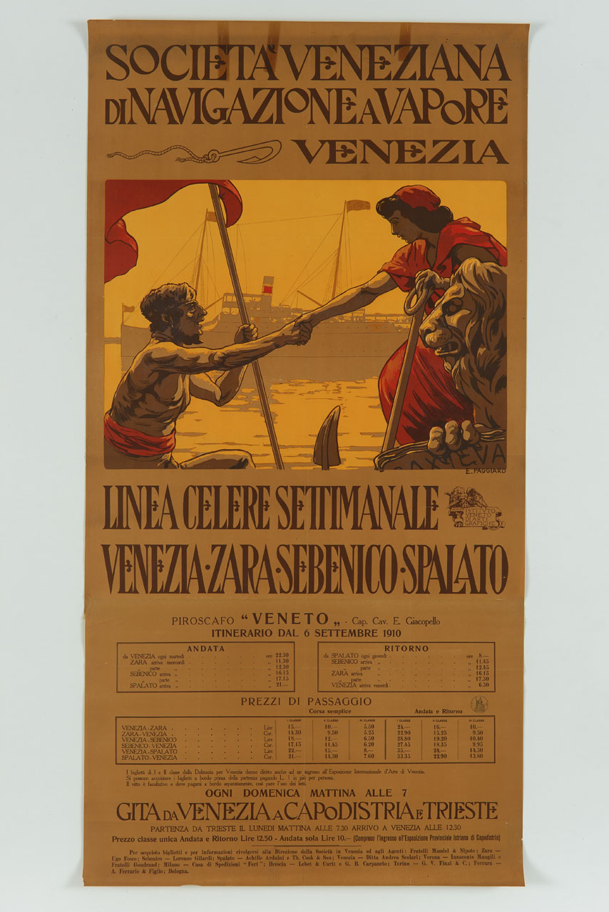 un mozzo appoggiandosi ad un'ancora aiuta un anziano allo sbarco sullo sfondo di un piroscafo in navigazione (manifesto, stampa composita) di Paggiaro Emilio (sec. XX)