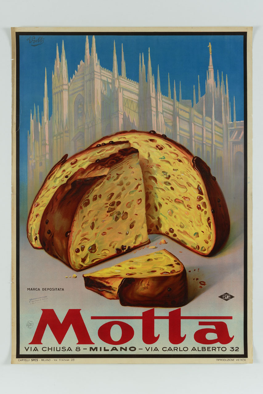enorme panettone tagliato si sovrappone all'immagine del Duomo di Milano (manifesto) di Gobbi Alpenore (sec. XX)