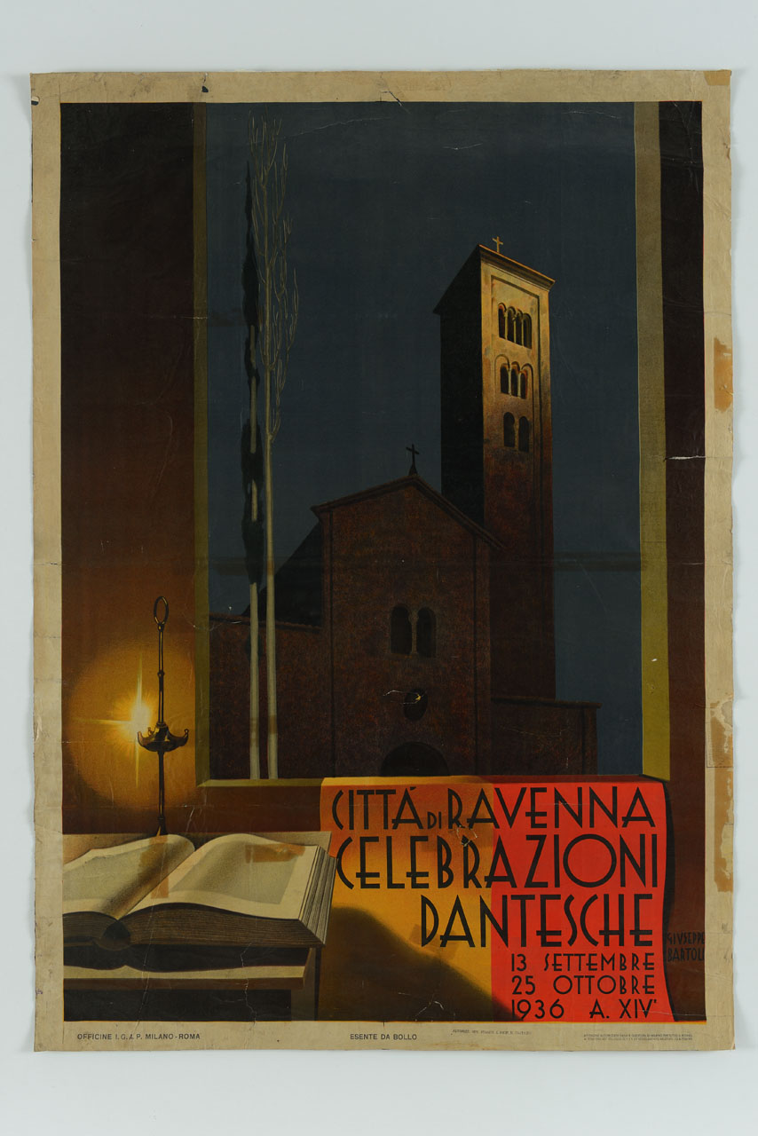 leggio con libro illuminato da fiorentina sullo sfondo della basilica di San Francesco in Ravenna (manifesto) di Bartoli Giuseppe (sec. XX)