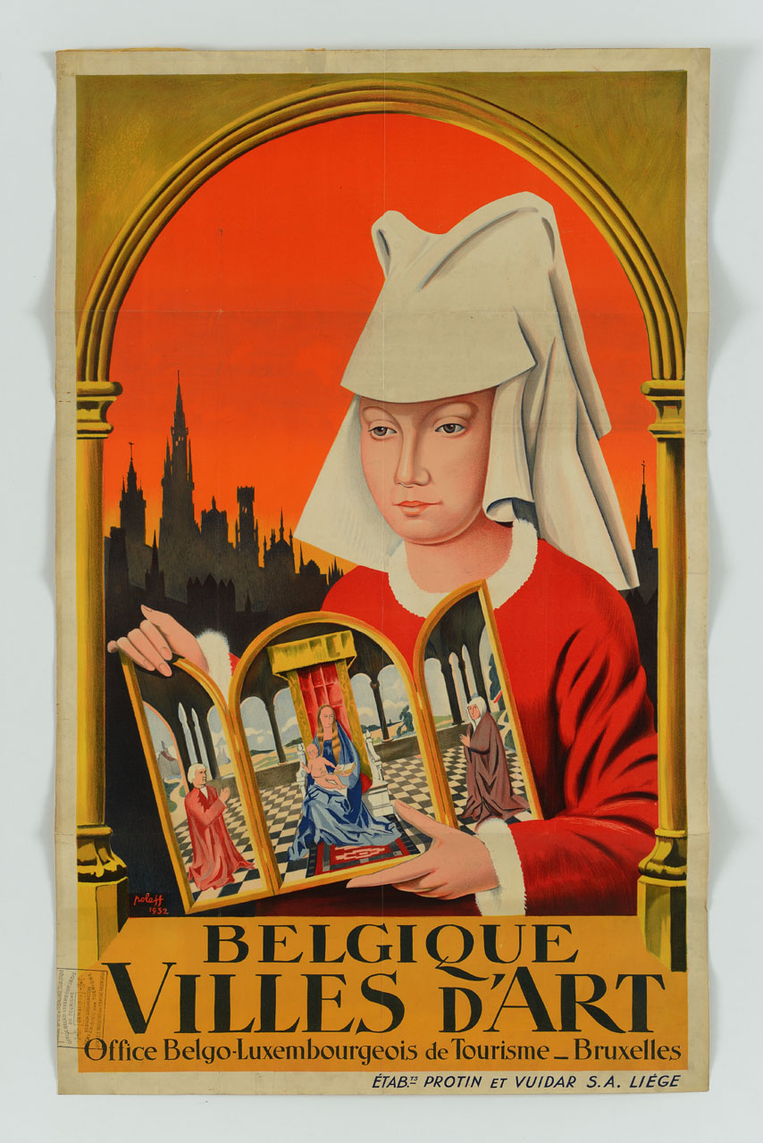dama delle Fiandre ispirata a Rogier Van der Weyden con trittico devozionale in mano sullo sfondo di pinnacoli e torri (manifesto) di Poleff (sec. XX)