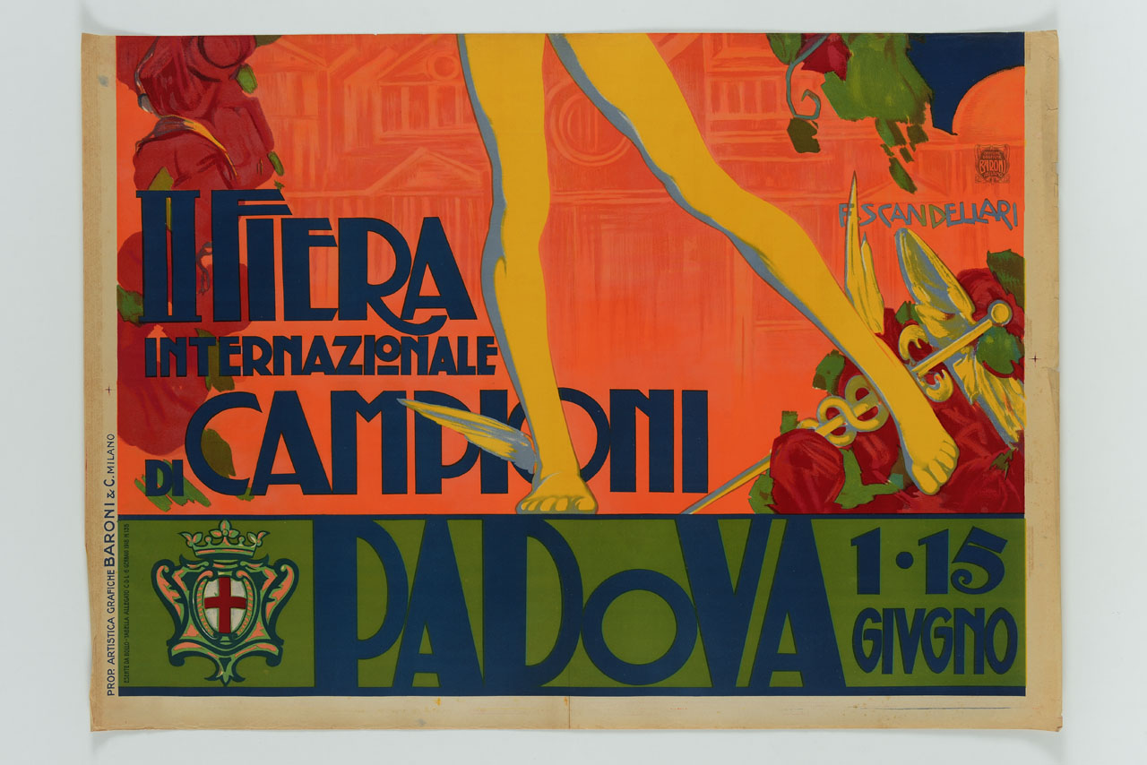 Mercurio regge sul capo un cesto con frutta, oggetti preziosi e festoni di rose sullo sfondo della Basilica di Sant'Antonio in Padova (manifesto, stampa composita) di Scandellari Ferruccio (sec. XX)