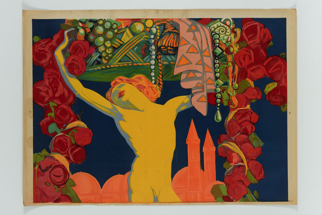 Mercurio regge sul capo un cesto con frutta, oggetti preziosi e festoni di rose sullo sfondo della Basilica di Sant'Antonio in Padova (manifesto, stampa composita) di Scandellari Ferruccio (sec. XX)