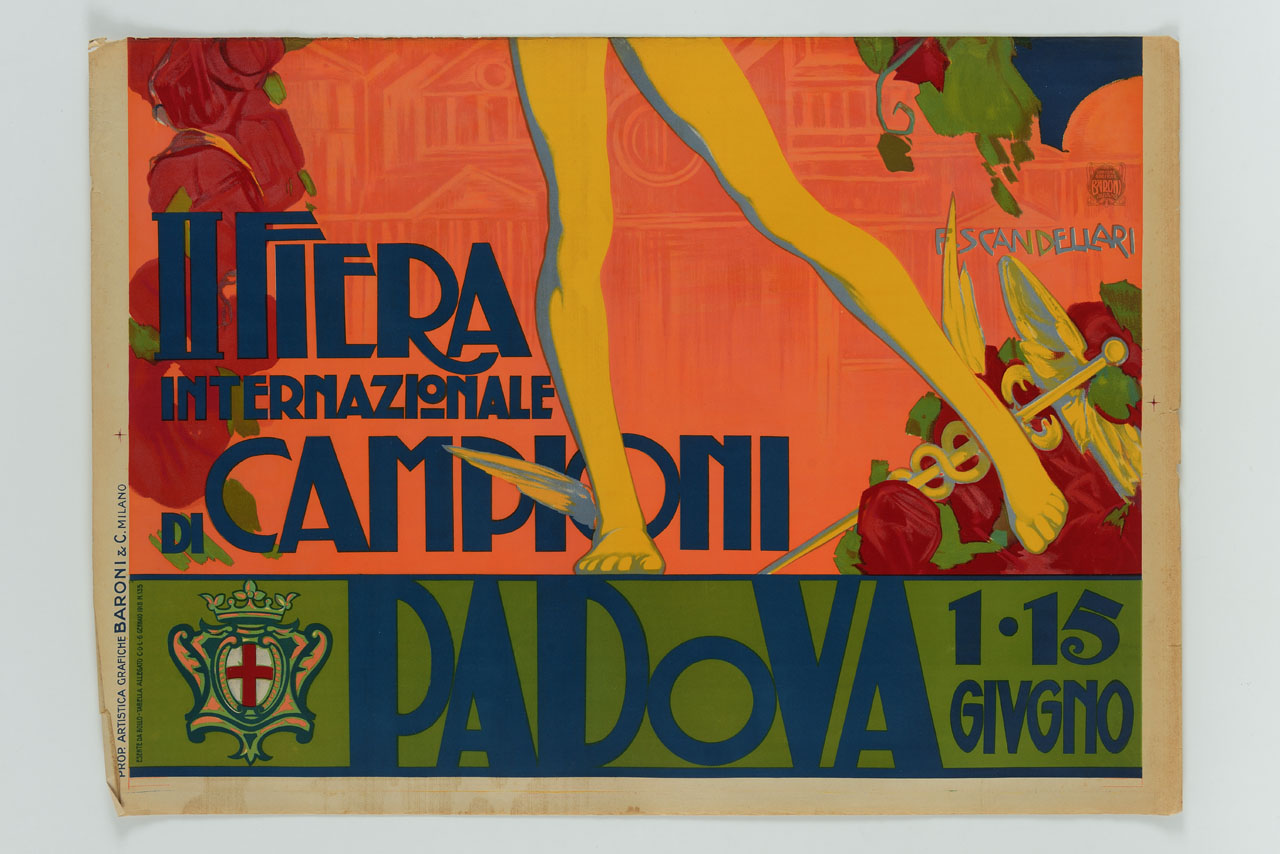 Mercurio regge sul capo un cesto con frutta, oggetti preziosi e festoni di rose sullo sfondo della Basilica di Sant'Antonio in Padova (manifesto, stampa composita) di Scandellari Ferruccio (sec. XX)