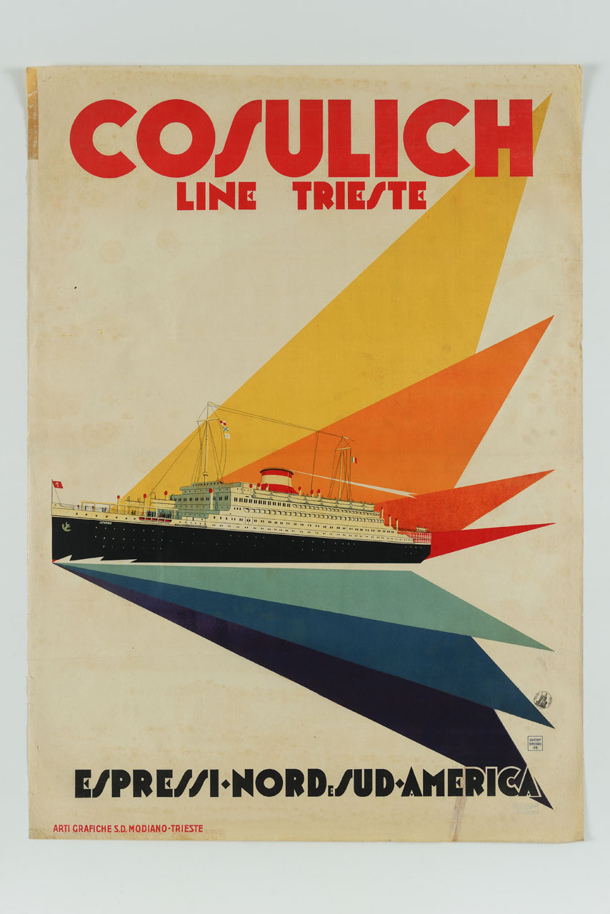 transatlantico circondato da triangoli colorati (manifesto) di Santambrogio Diego (sec. XX)
