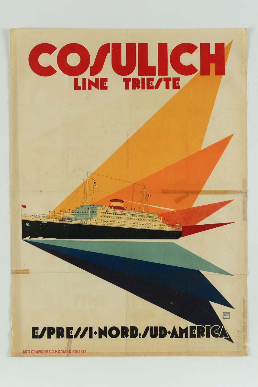 transatlantico circondato da triangoli colorati (manifesto) di Santambrogio Diego (sec. XX)