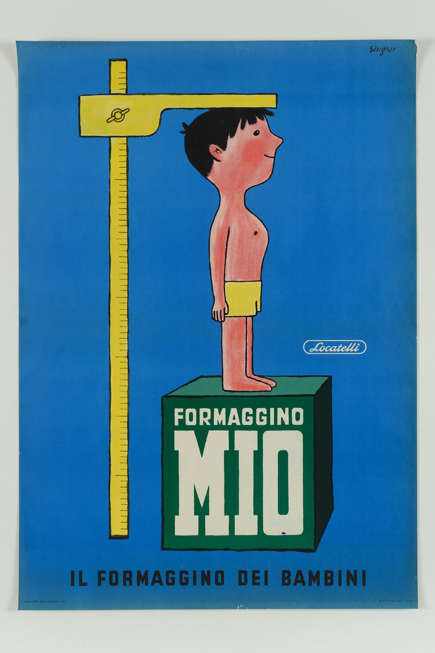 bambino eretto su un cubo misura l'altezza con uno statimetro (manifesto) di Savignac Raymond (sec. XX)