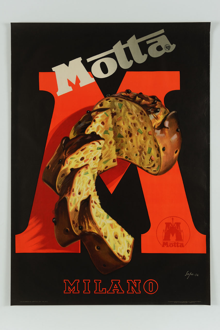 panettone tagliato sopra a una grande M (manifesto) di Pozzati Severo detto Sepo (sec. XX)