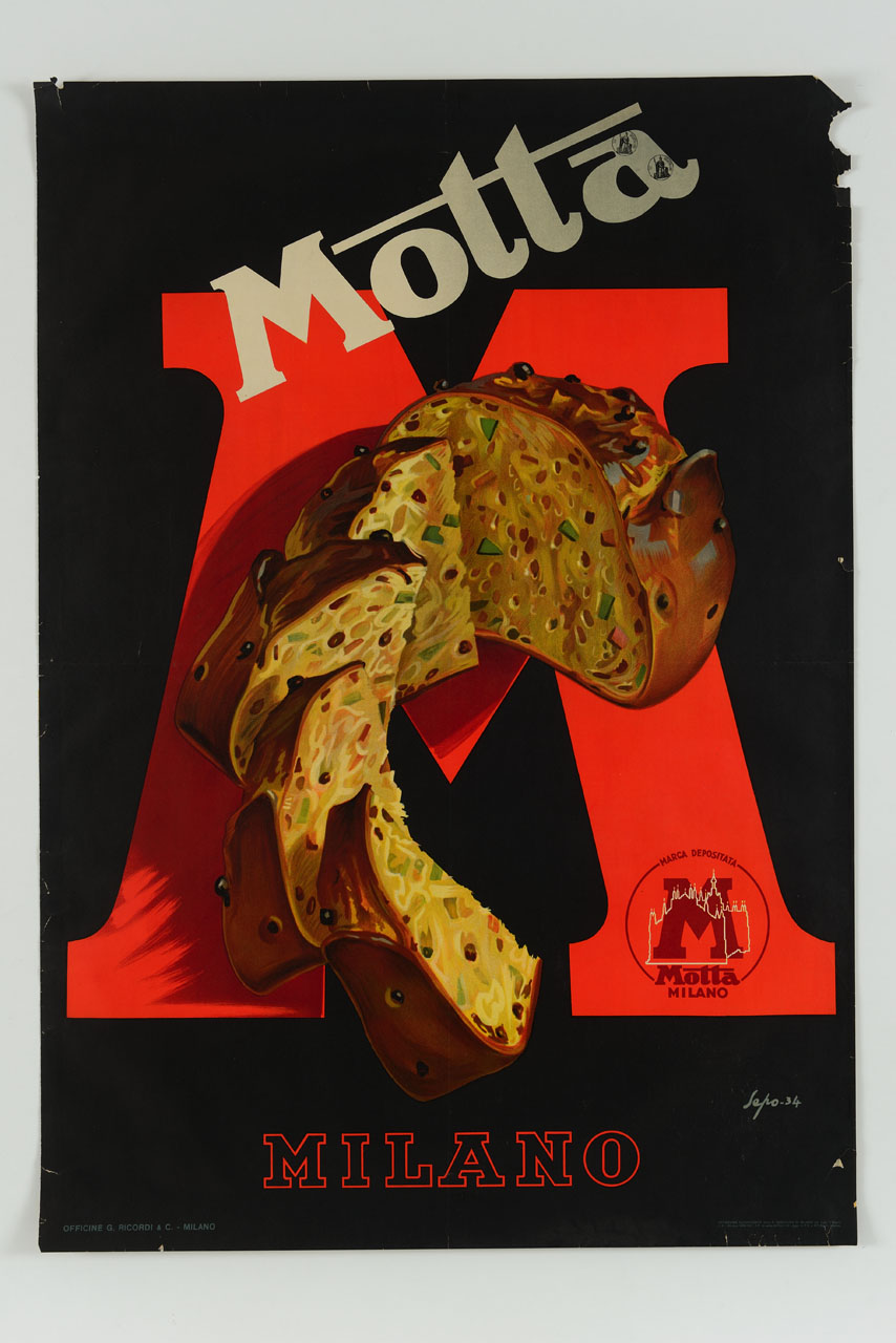 panettone tagliato sopra a una grande M (manifesto) di Pozzati Severo detto Sepo (sec. XX)