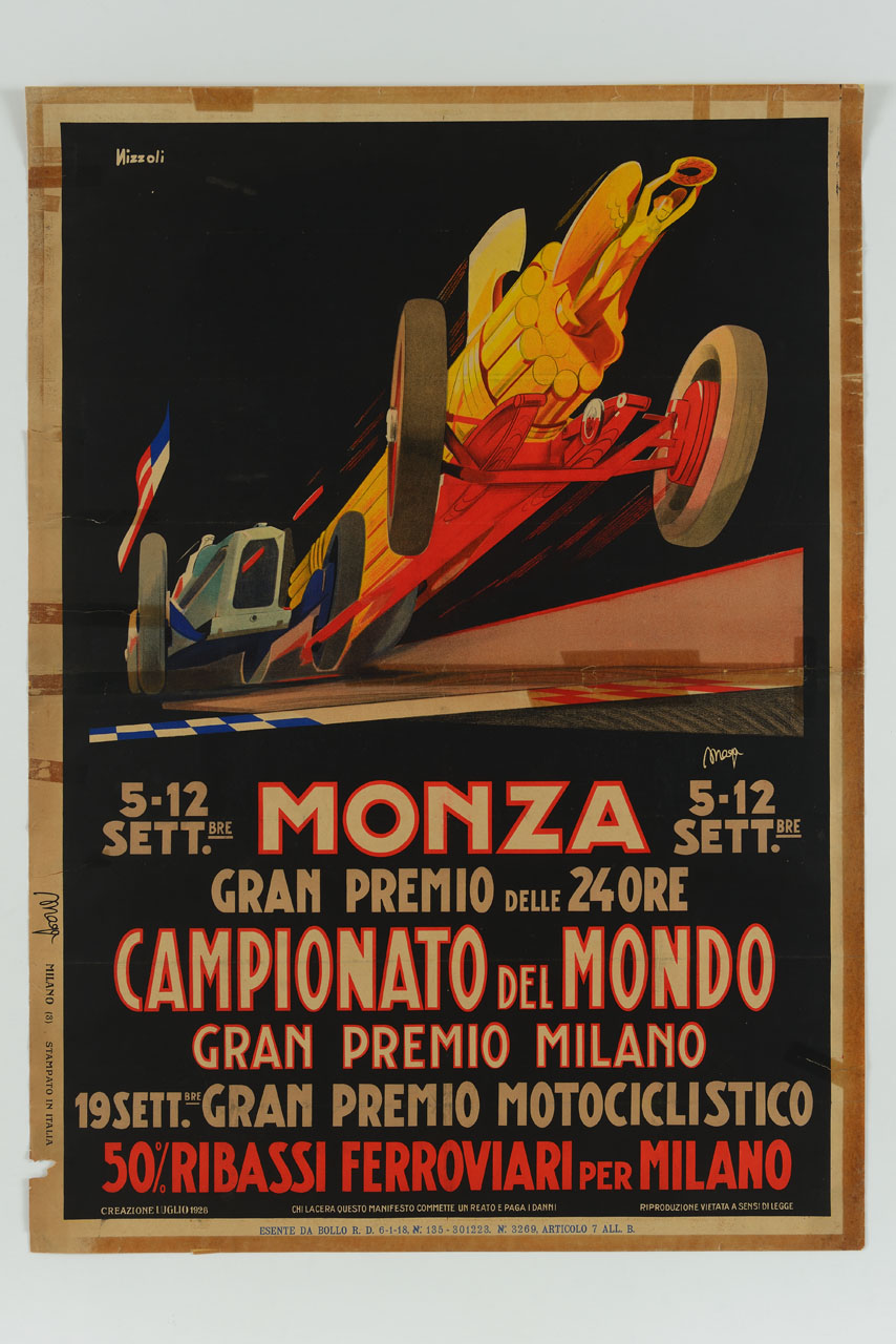 auto a forma di fascio littorio con Vittoria alata sfreccia seguita da altra auto da corsa (manifesto) di Nizzoli Marcello, MAGA (sec. XX)
