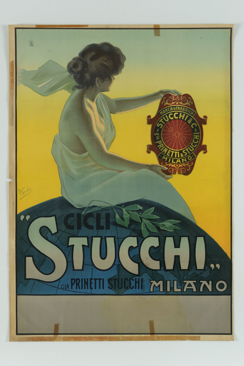 donna seduta sul globo terrestre sostiene una cartella decorativa con marchio (manifesto) di Vecchi F (sec. XX)