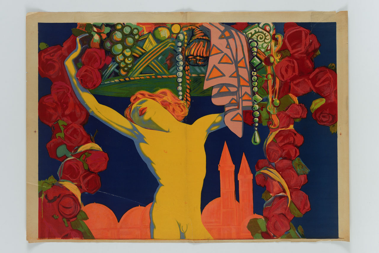 Mercurio regge sul capo un cesto con frutta, oggetti preziosi e festoni di rose sullo sfondo della Basilica di Sant'Antonio in Padova (manifesto, stampa composita) di Scandellari Ferruccio (sec. XX)