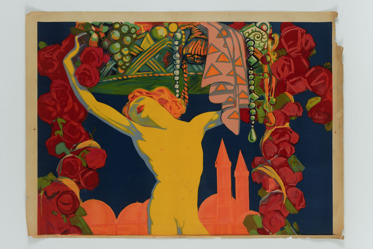 Mercurio regge sul capo un cesto con frutta, oggetti preziosi e festoni di rose sullo sfondo della Basilica di Sant'Antonio in Padova (manifesto, stampa composita) di Scandellari Ferruccio (sec. XX)