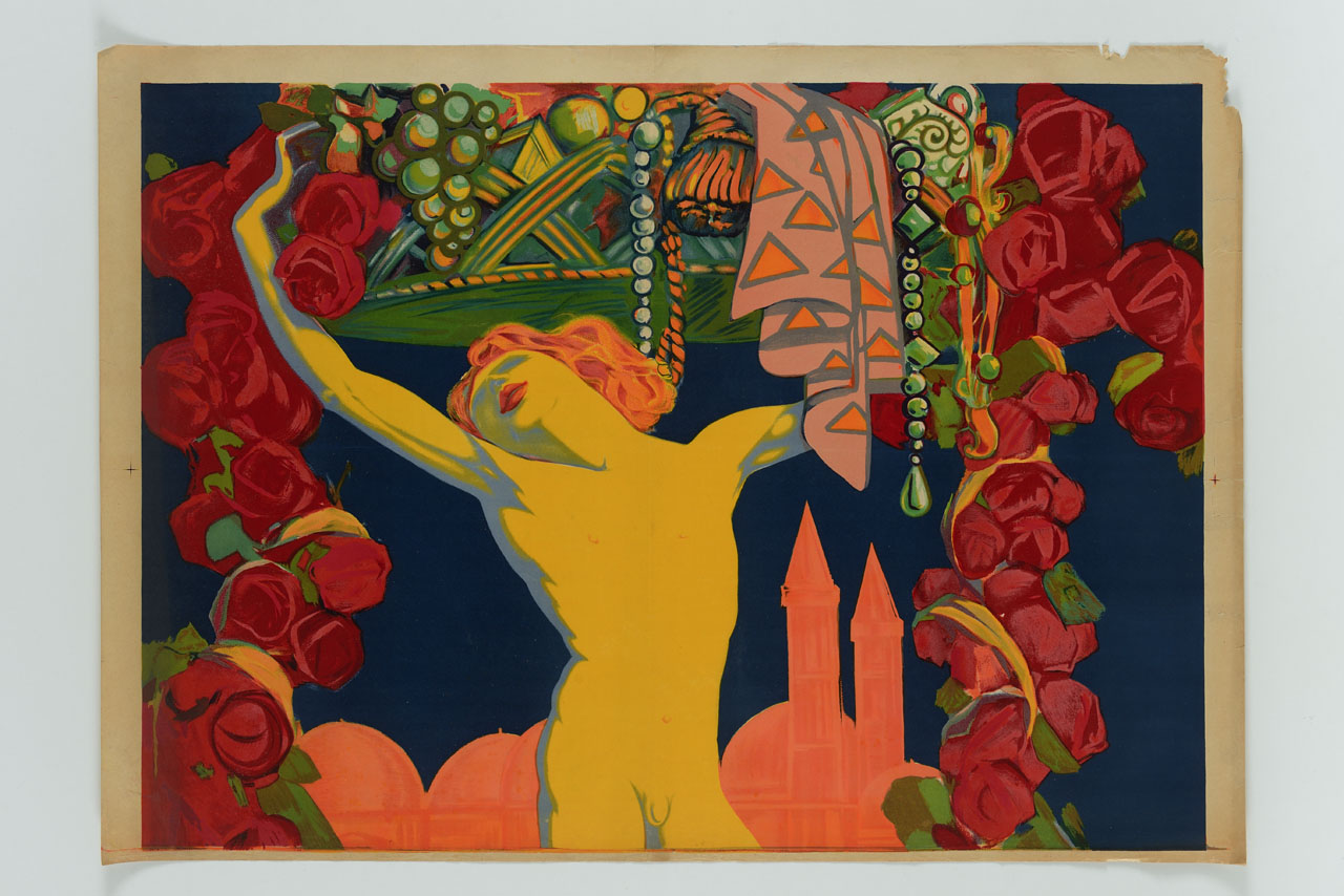 Mercurio regge sul capo un cesto con frutta, oggetti preziosi e festoni di rose sullo sfondo della Basilica di Sant'Antonio in Padova (manifesto, stampa composita) di Scandellari Ferruccio (sec. XX)